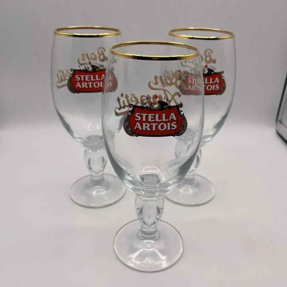 Stella Artois Gold Rim Belgium Chalice .33cl Beer Glasses - Set of 3